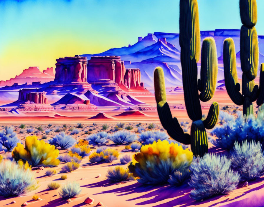 Desert landscape with cacti and mesas under blue sky