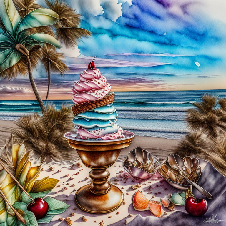 Giant ice cream sundae on pedestal with beach backdrop.