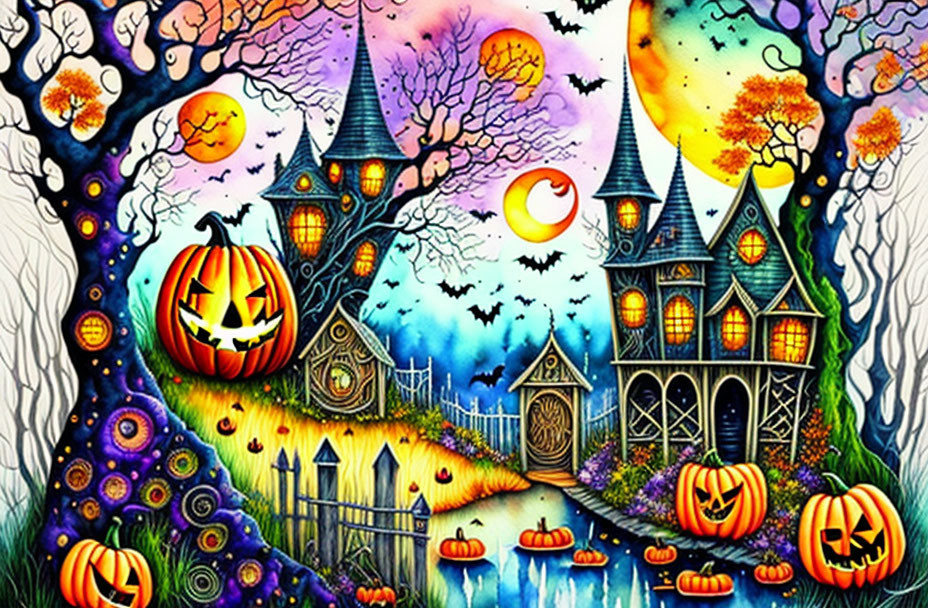 Whimsical Halloween illustration with jack-o'-lantern, haunted house, bats, crescent moon