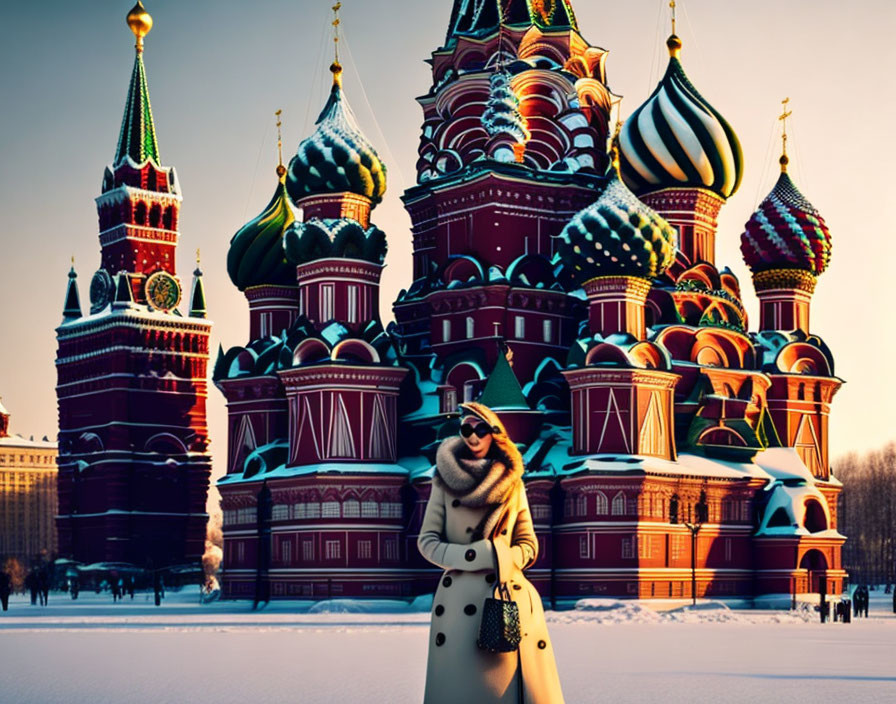 Person in winter coat at Saint Basil's Cathedral under clear sky