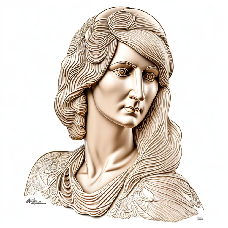 Stylized female figure with ornate hair and detailed clothing patterns