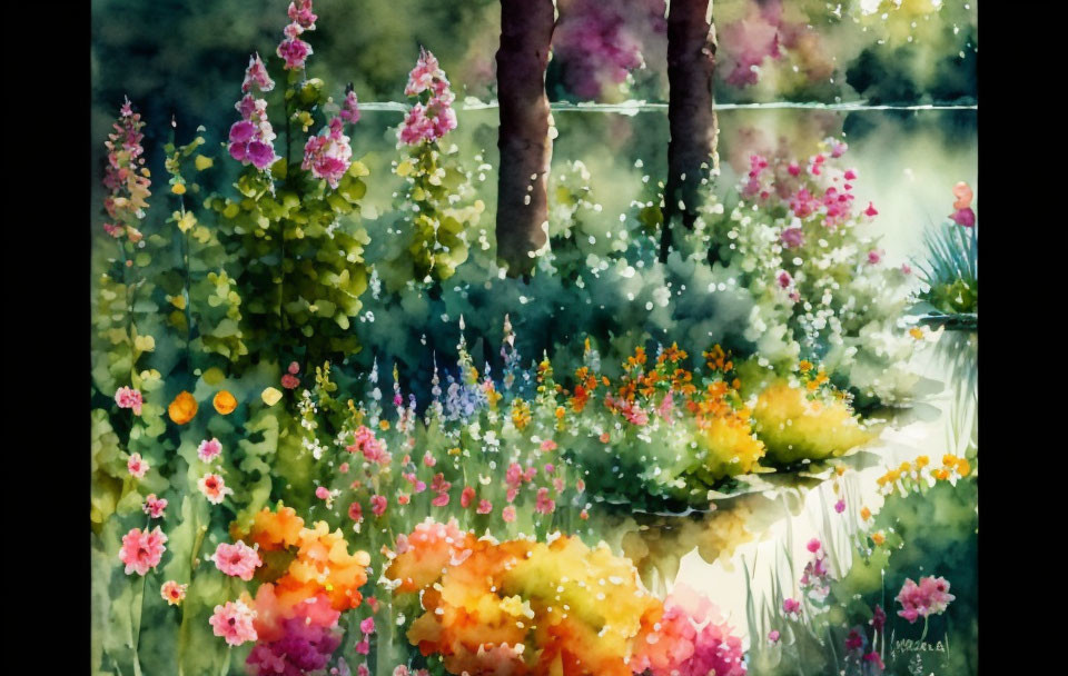 Colorful Flower Garden Watercolor Painting with Trees in Soft Focus