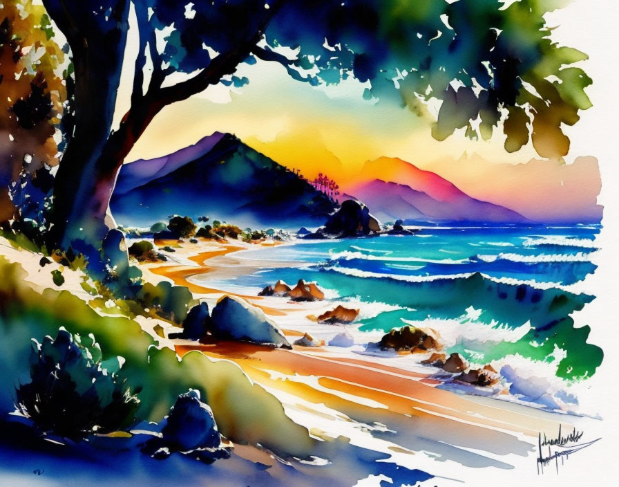 Scenic watercolor beach sunset with mountains and trees.