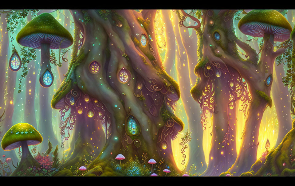 Enchanted forest with glowing mushrooms and luminescent trees