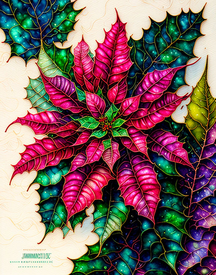 Colorful Poinsettia and Holly Illustration with Textured Background