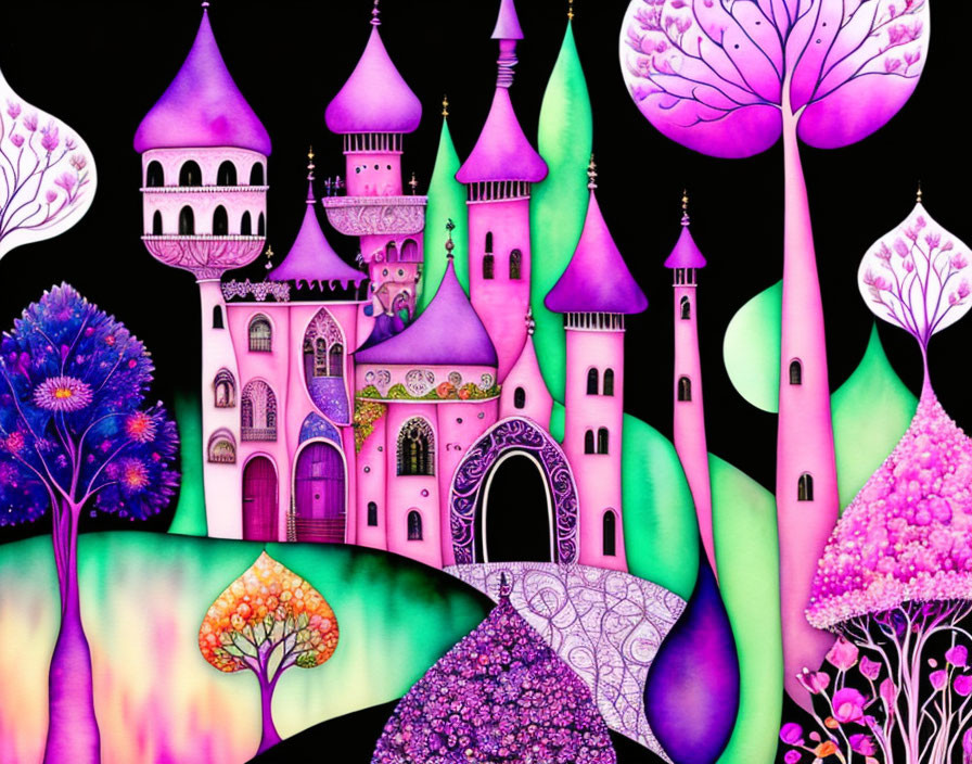 Whimsical purple castle with colorful trees under starry sky