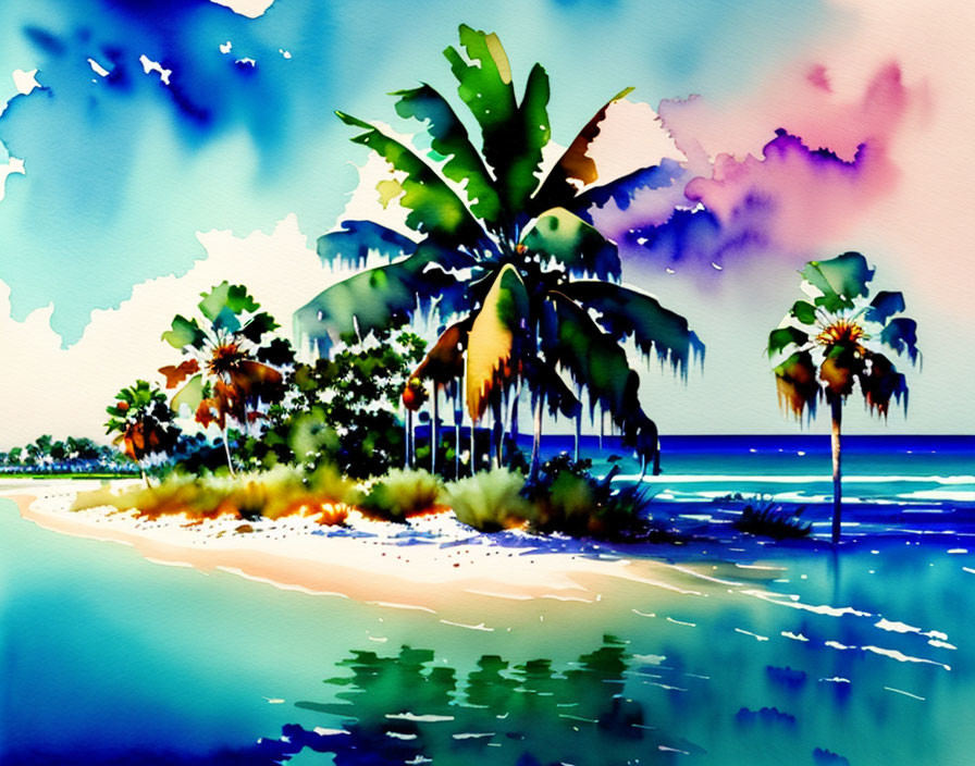 Tropical beach watercolor painting with palm trees and colorful sky