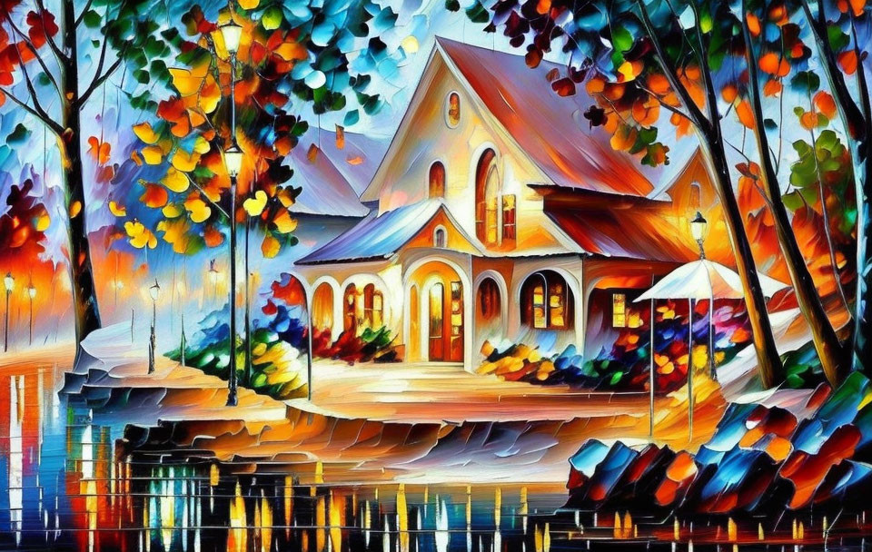 Colorful painting: Whimsical house by lake with autumn trees & artistic sky