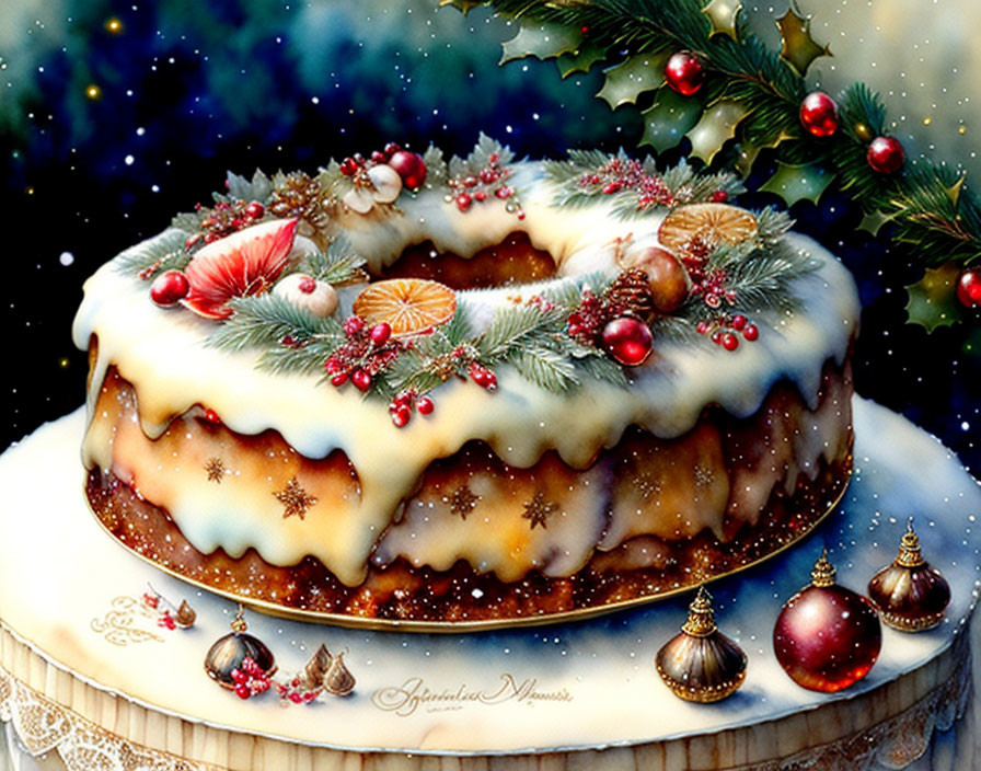 Christmas cake with white icing and festive decorations.