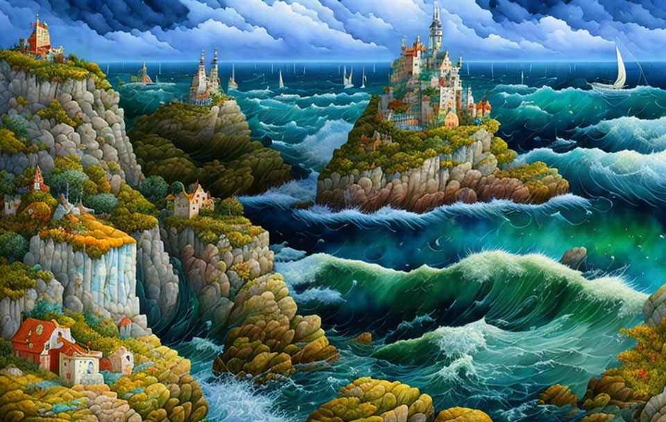 Fantasy landscape with stormy sea, rocky cliffs, whimsical castles, and crescent moon