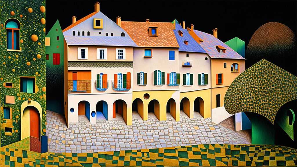 Whimsical village painting with distorted perspective