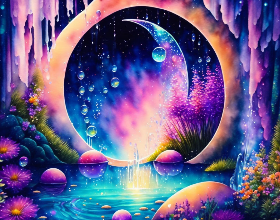 Colorful cosmic painting of nebula in crescent moon with bubbles, flora, waterfalls.