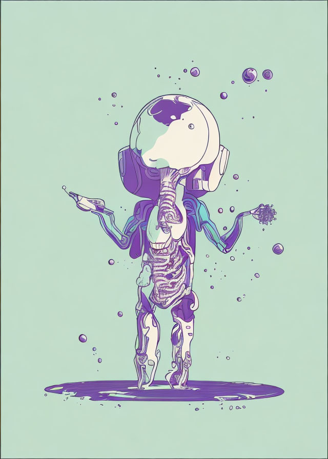 Skeletal astronaut disintegrating into blobs on pale green backdrop