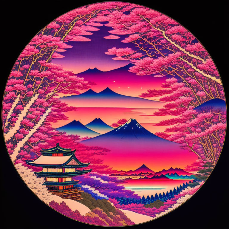 Circular Artwork: Mount Fuji, Pagoda, Cherry Blossoms in Sunset Sky