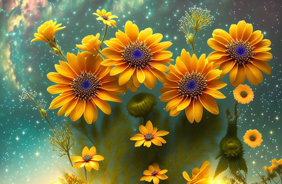 Colorful yellow and orange flowers on cosmic backdrop.