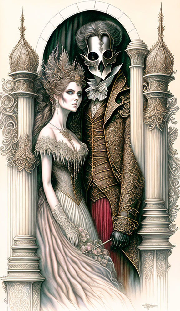 Gothic couple in detailed attire with baroque architecture