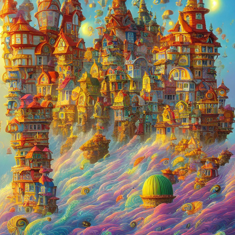 Colorful, whimsical architecture in a fantastical city by misty waves