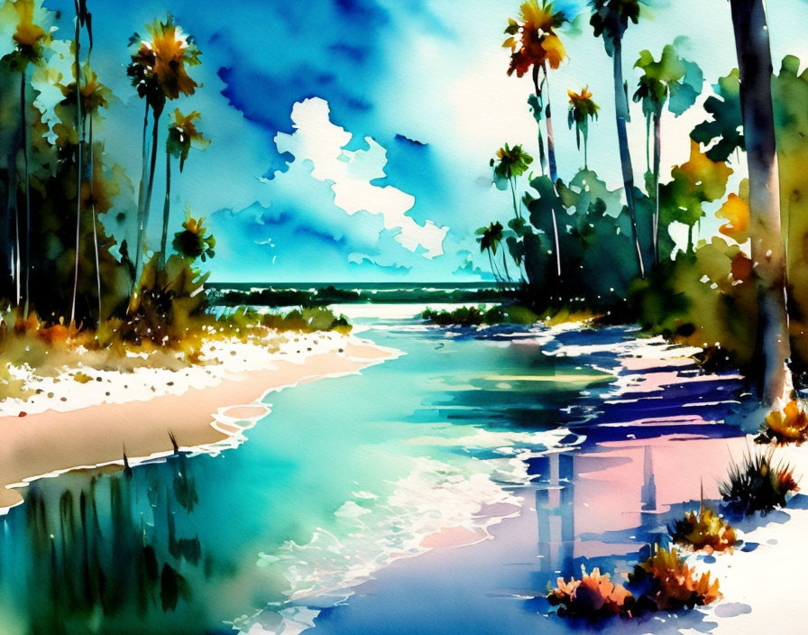 Tropical beach scene with palm trees in vibrant watercolor