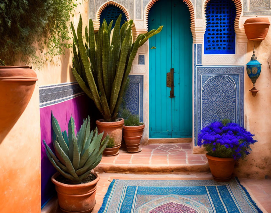 Colorful Moroccan courtyard with blue door, cacti, mosaic tiles, and purple wall