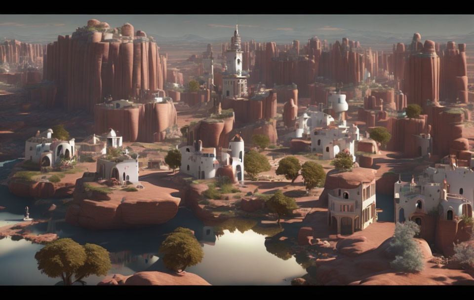 White Buildings & Tower in Fantasy Desert Cityscape