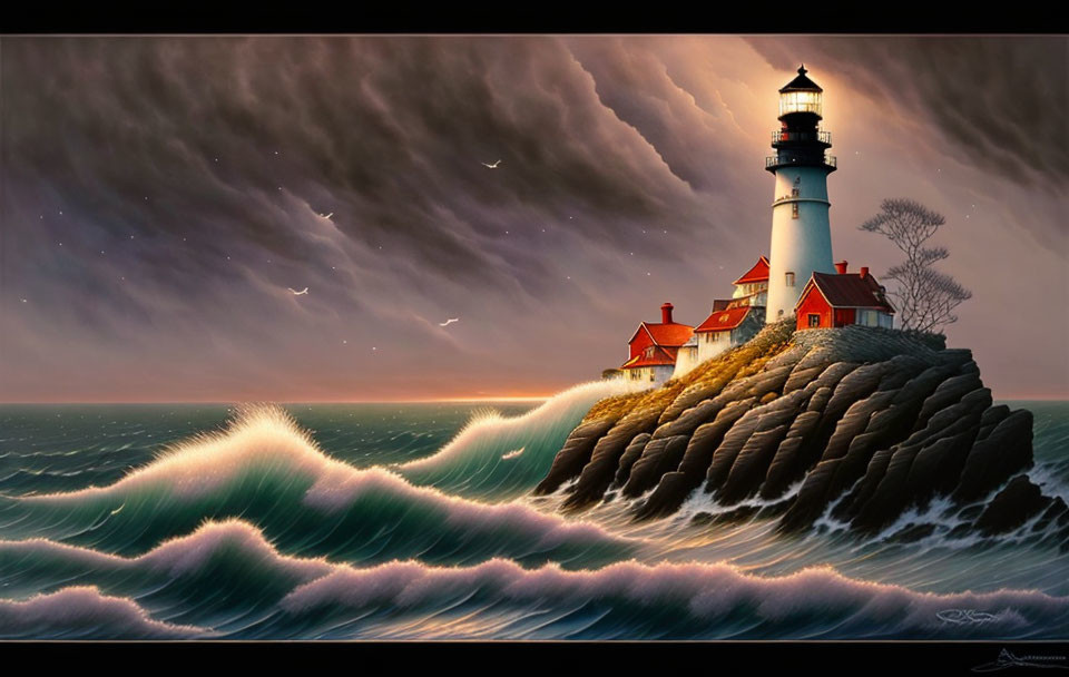 Lighthouse on craggy cliff in stormy weather with crashing waves