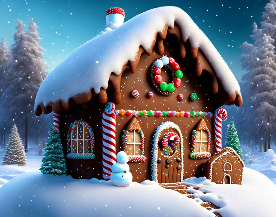 Snow-covered gingerbread house with candy decorations, wreath, and snowman on wintry night sky