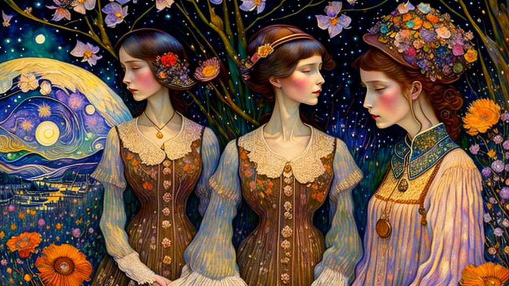 Three women with floral hairpieces and vintage dresses in cosmic setting