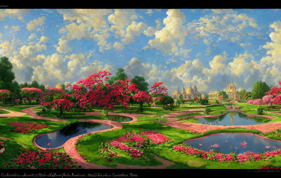 Vibrant garden painting with pink flowers, winding paths, ponds, and classical buildings under a blue