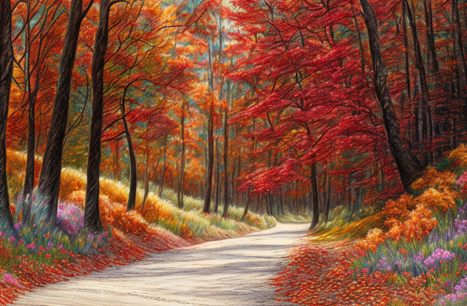 Scenic autumn forest with winding road and colorful foliage