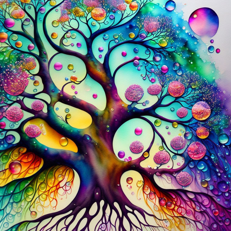 Colorful Watercolor Painting of Stylized Tree & Swirling Branches