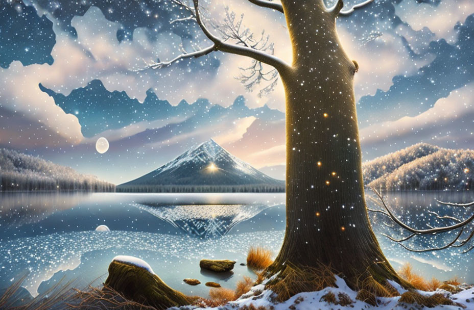 Snow-dusted tree beside reflective lake under starry sky