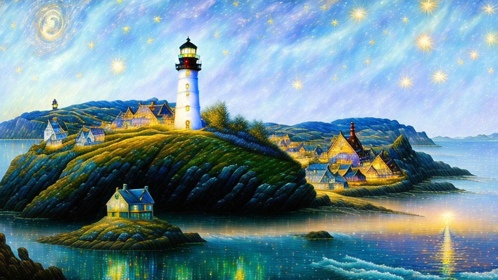 Fantasy coastal scene with lighthouse, houses, stars, and glistening water