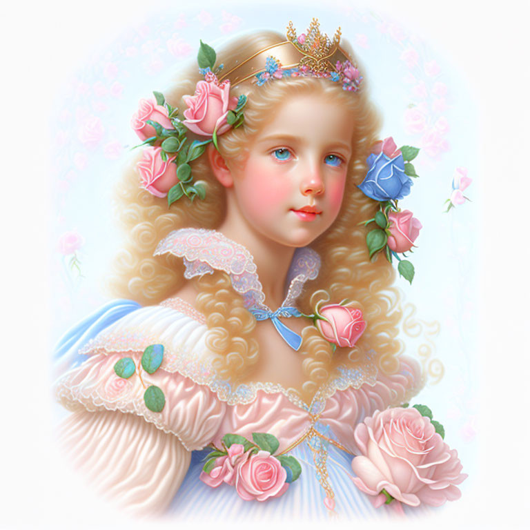 Young girl portrait with angelic features, floral tiara, roses, curly golden hair, pastel