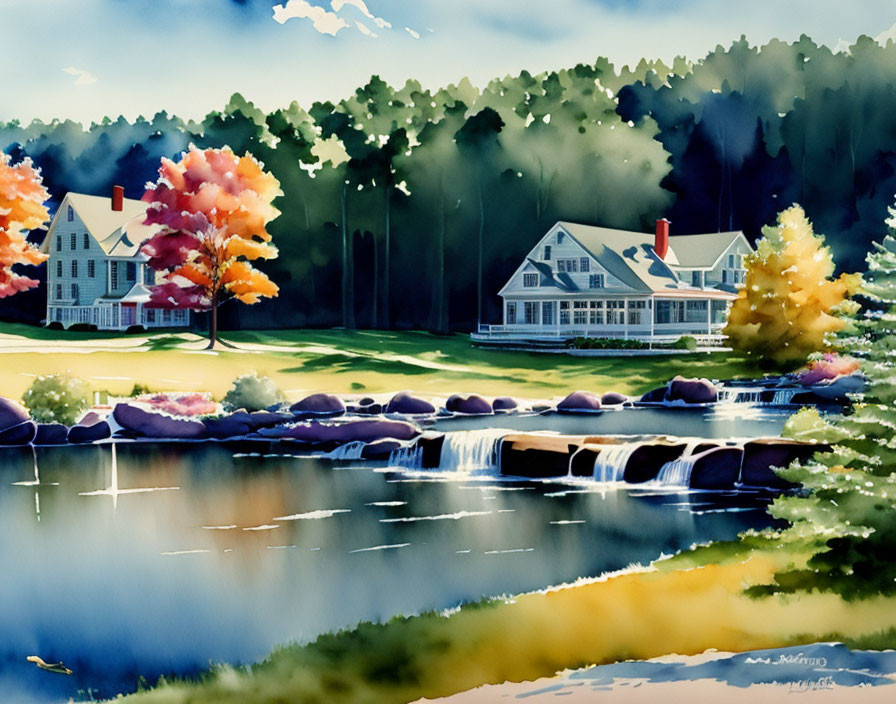 Serene landscape watercolor with houses, stream, and autumn trees