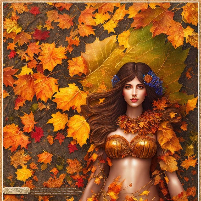 Digital artwork of woman with autumn leaves and blue flowers in hair