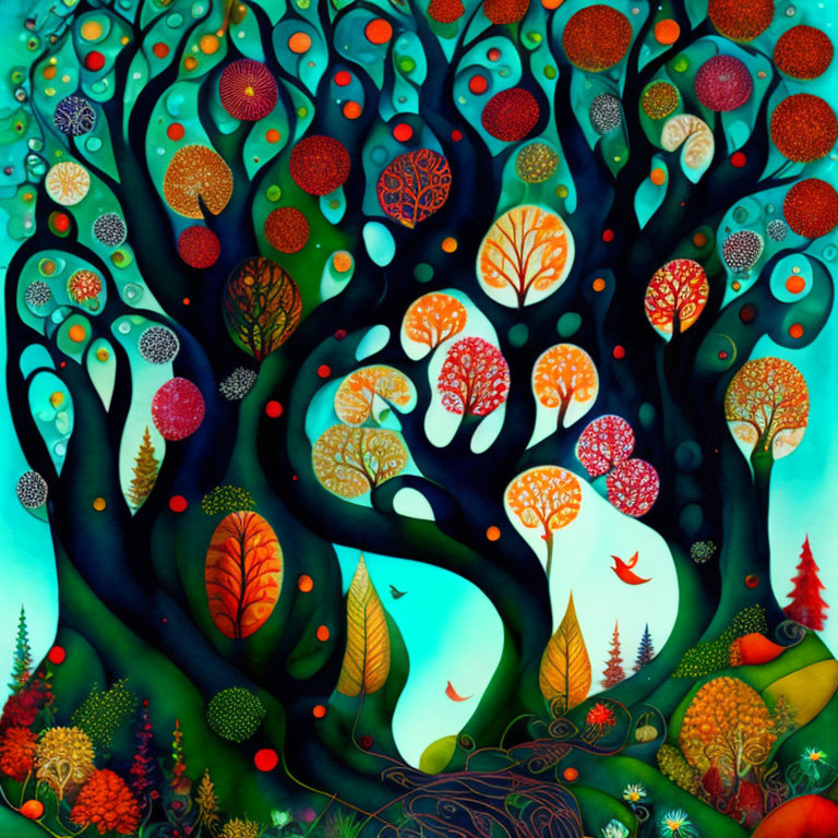 Vibrant forest painting with stylized trees and animals