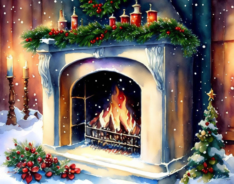 Festive watercolor painting of a cozy Christmas fireplace scene