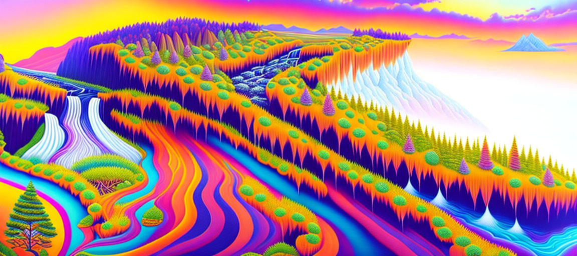 Colorful digital artwork: Psychedelic landscape with rivers, trees, mountains