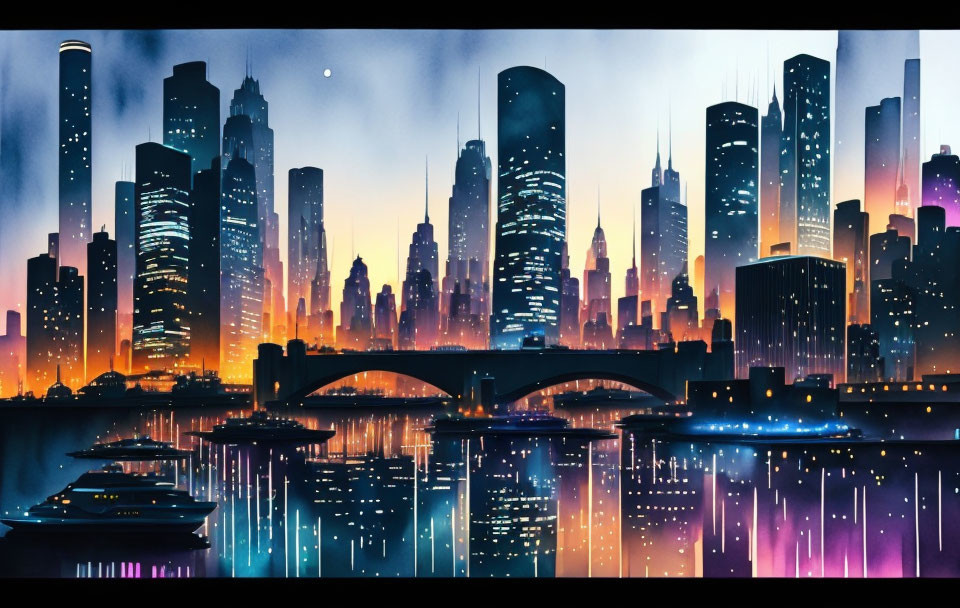 Colorful digital cityscape illustration with reflective buildings and sunset.