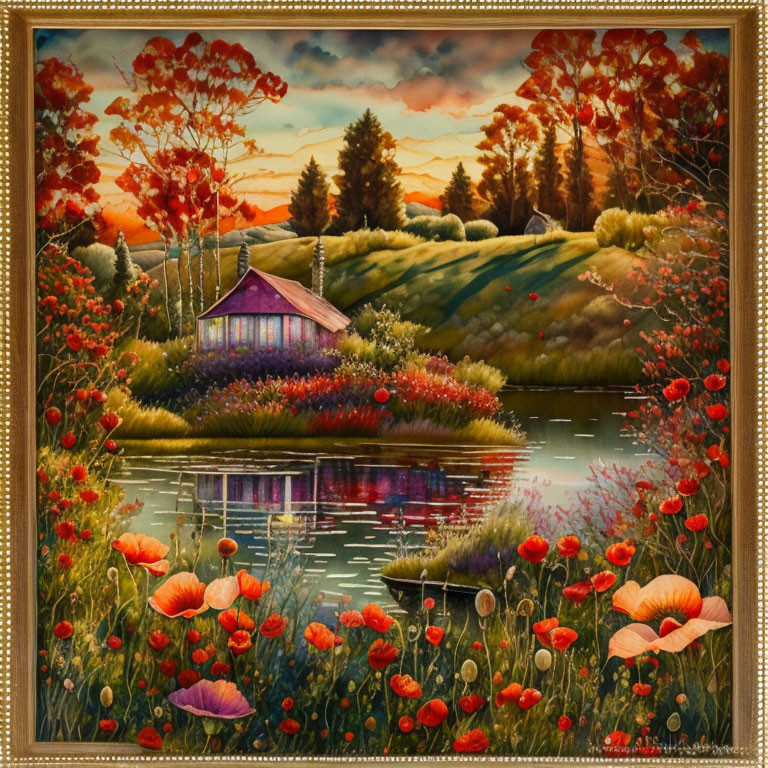 Scenic painting of cabin by lake with poppies & sunset