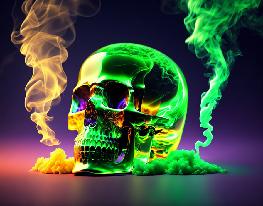 Glowing skull with green and purple light, surrounded by yellow mist and rising smoke