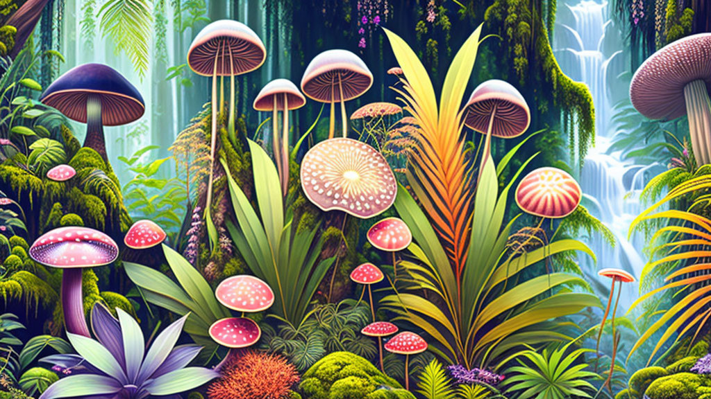 Colorful forest scene with stylized mushrooms and waterfall