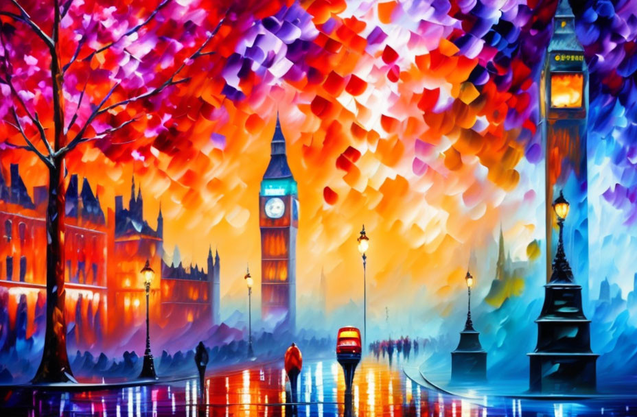 Colorful painting of rain-soaked London street with Big Ben and double-decker bus