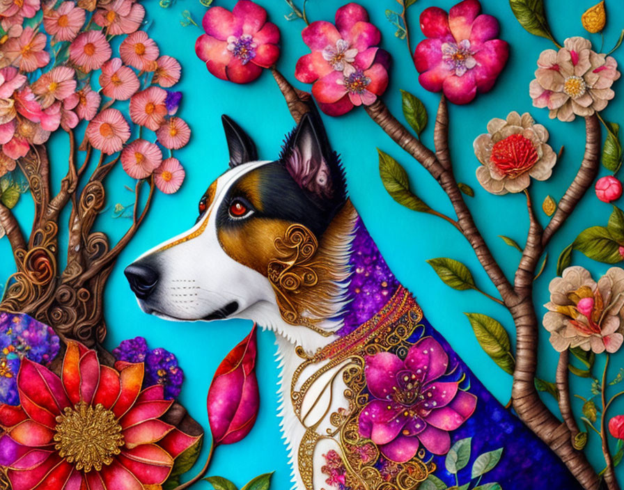 Floral-patterned dog surrounded by vibrant flowers on turquoise background