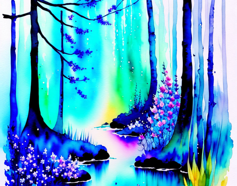 Whimsical forest watercolor painting with blue and purple hues