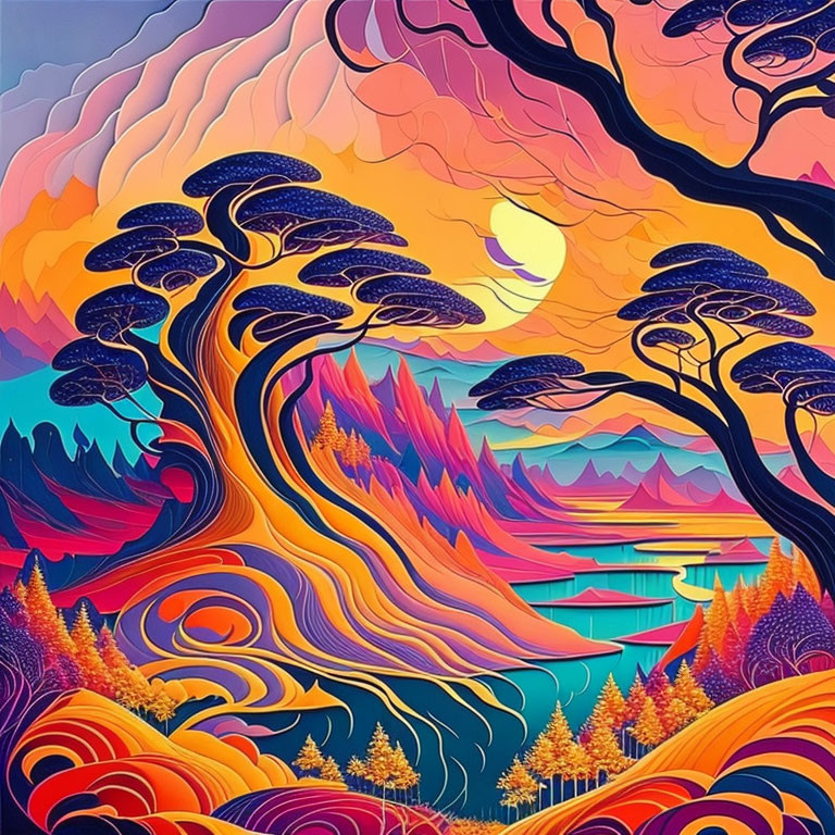 Colorful surreal landscape: swirling patterns, stylized trees, sunset sky, mountains, reflective lake