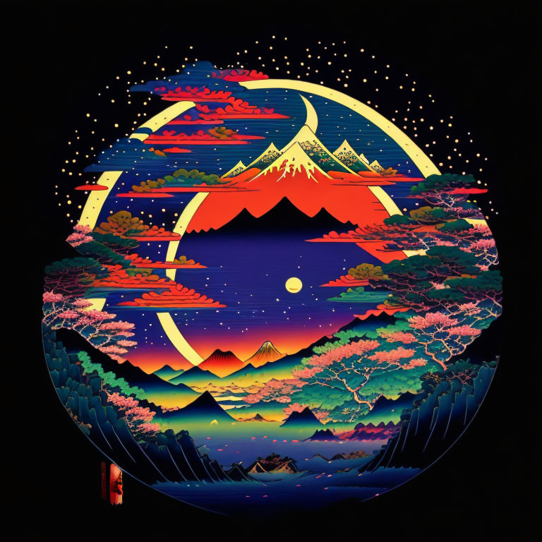 Circular Artwork: Stylized Mount Fuji with Sun, Moon, and Colorful Landscapes