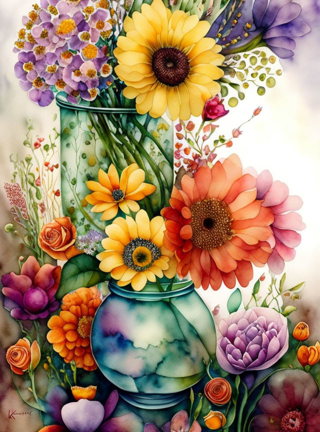 Colorful Watercolor Painting of Bouquet in Blue-Green Vase