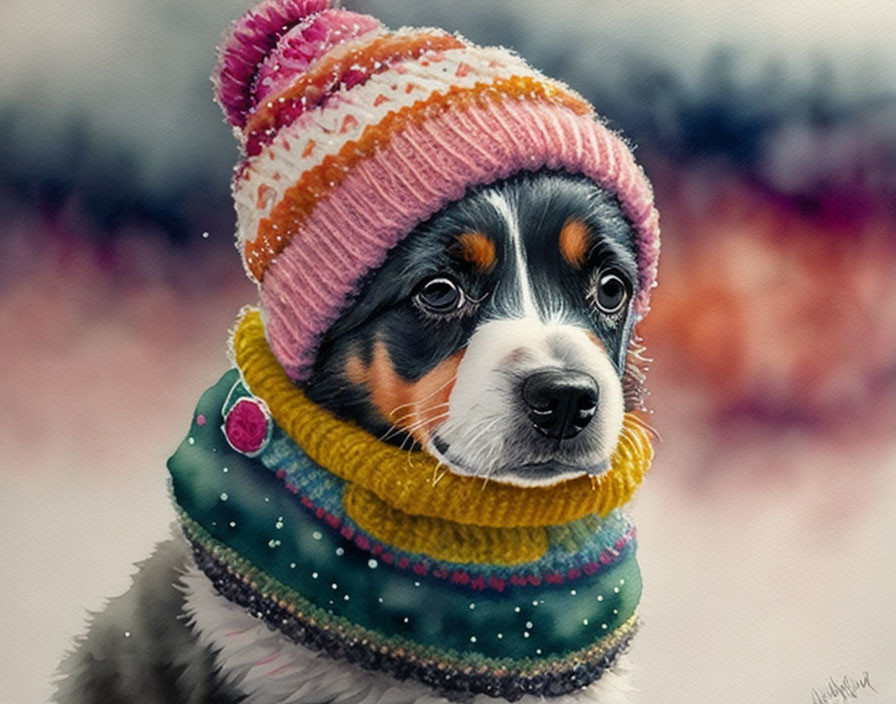 Bernese Mountain Dog Puppy in Colorful Knitted Winter Attire