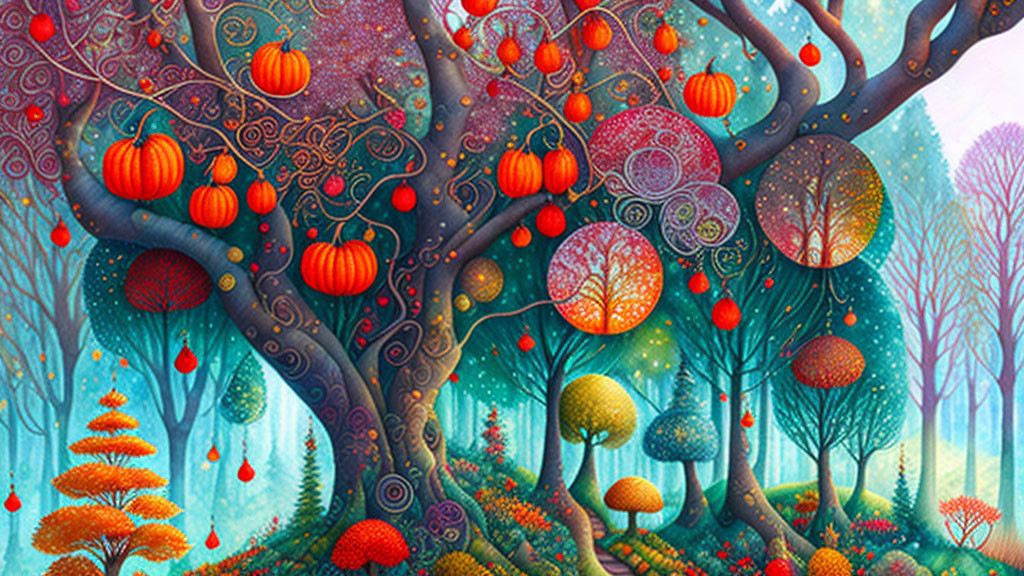 Colorful whimsical forest with pumpkin-like fruits and circular canopies